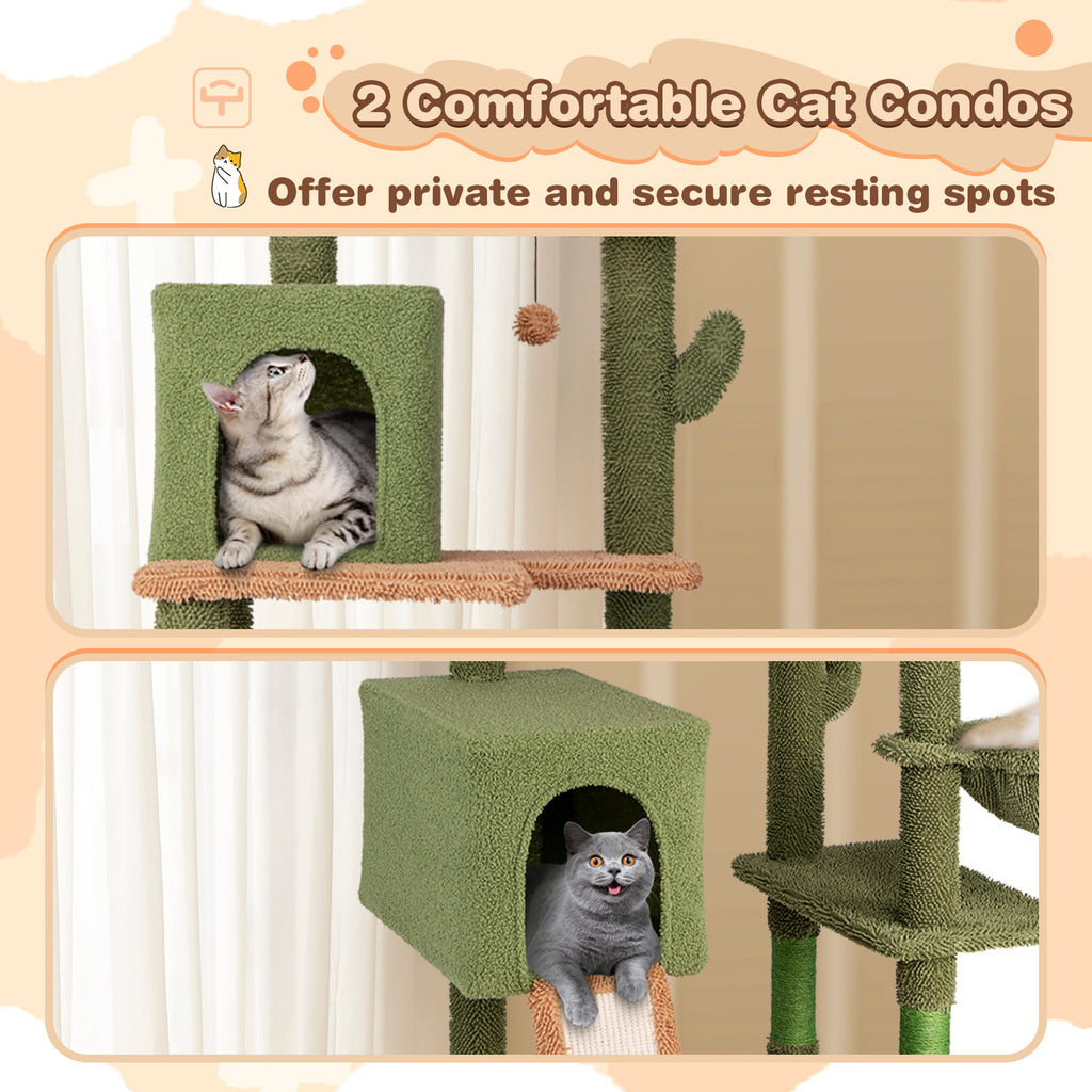 Multi-Level Cactus Cat Tree with Double Condos & Toys - Green