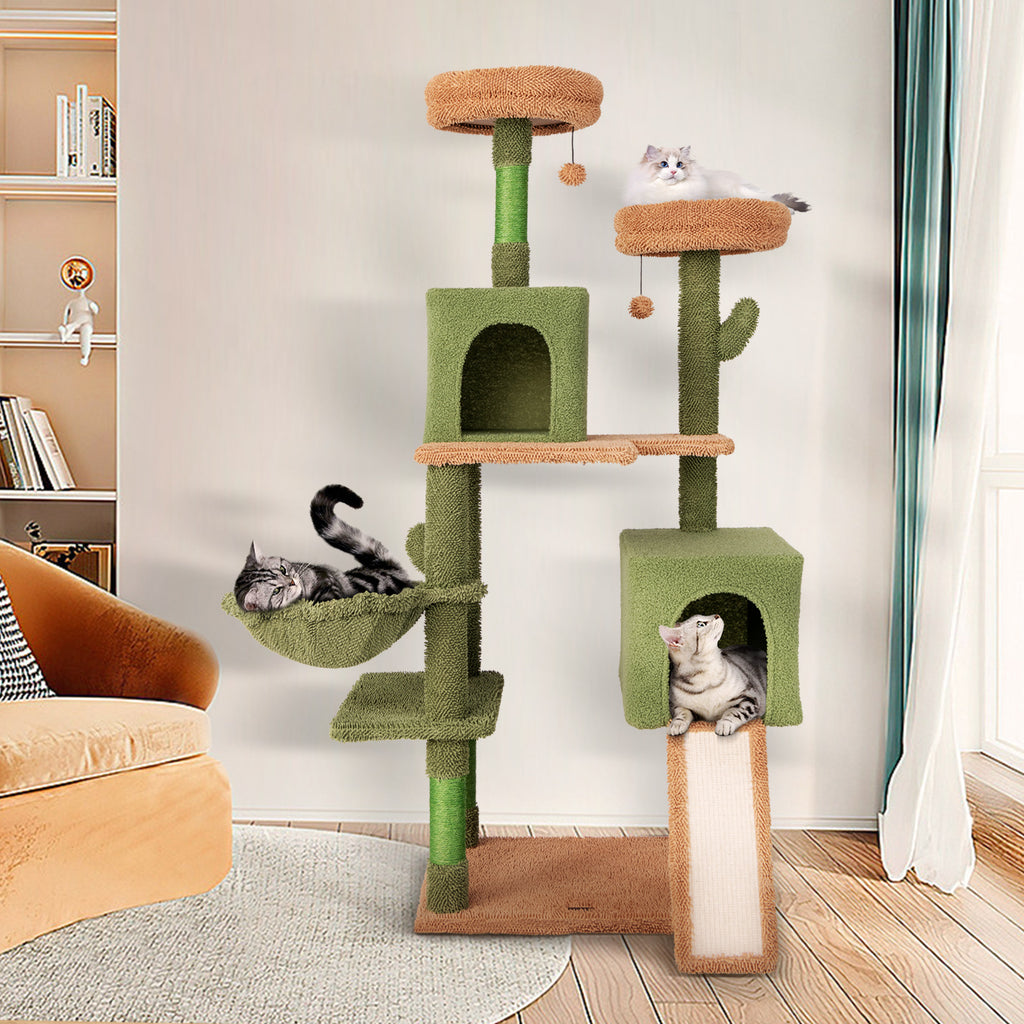 Multi-Level Cactus Cat Tree with Double Condos & Toys - Green