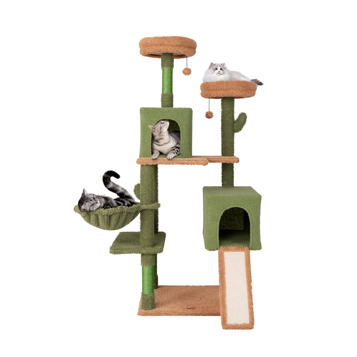 Multi-Level Cactus Cat Tree with Double Condos & Toys - Green