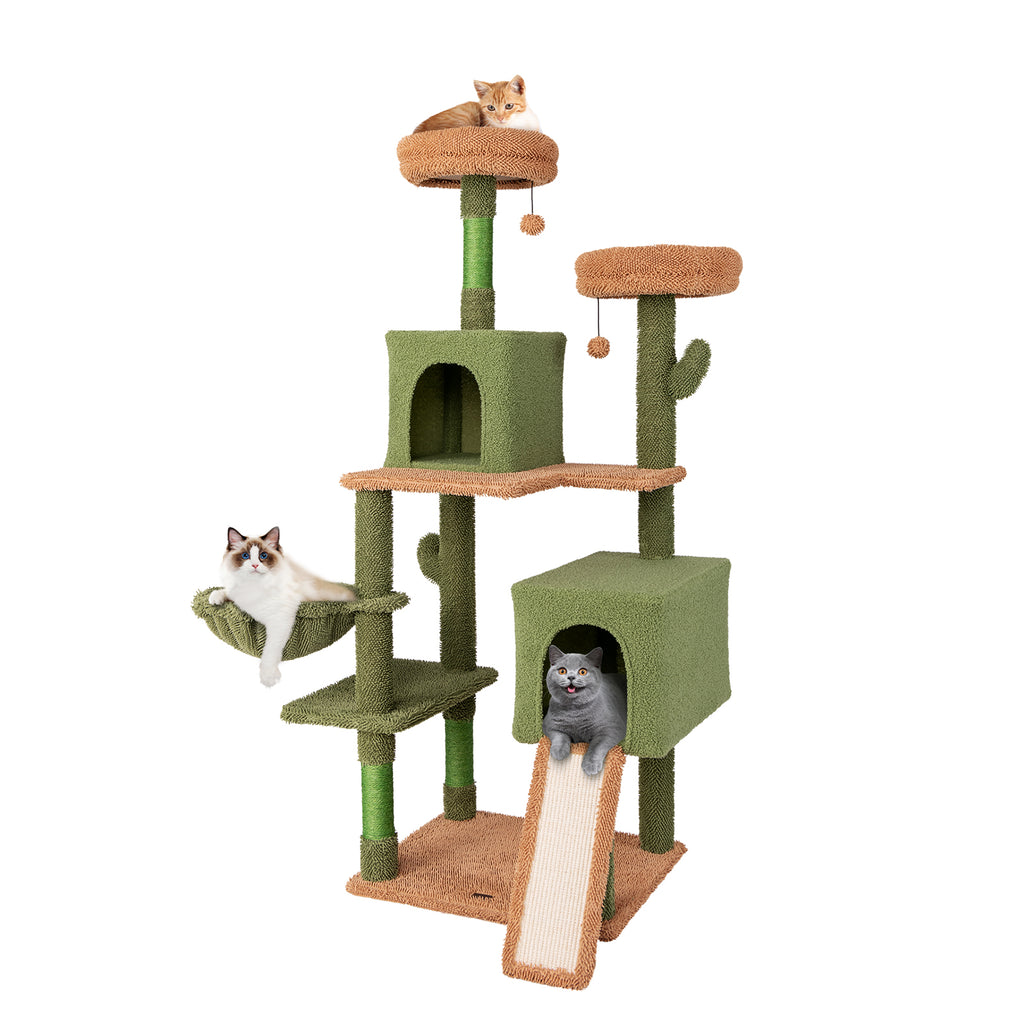 Multi-Level Cactus Cat Tree with Double Condos & Toys - Green