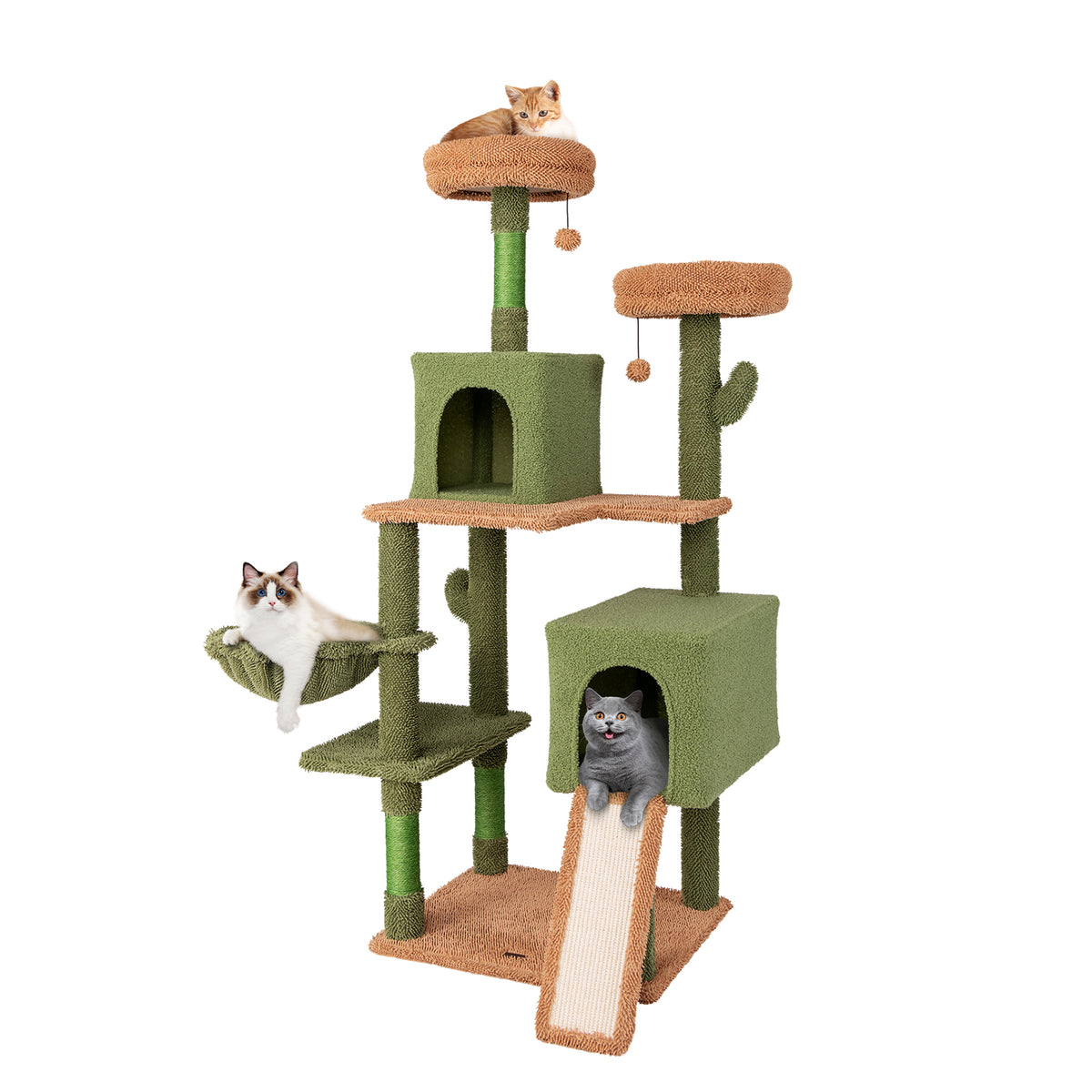 Multi-Level Cactus Cat Tree with Double Condos & Toys - Green