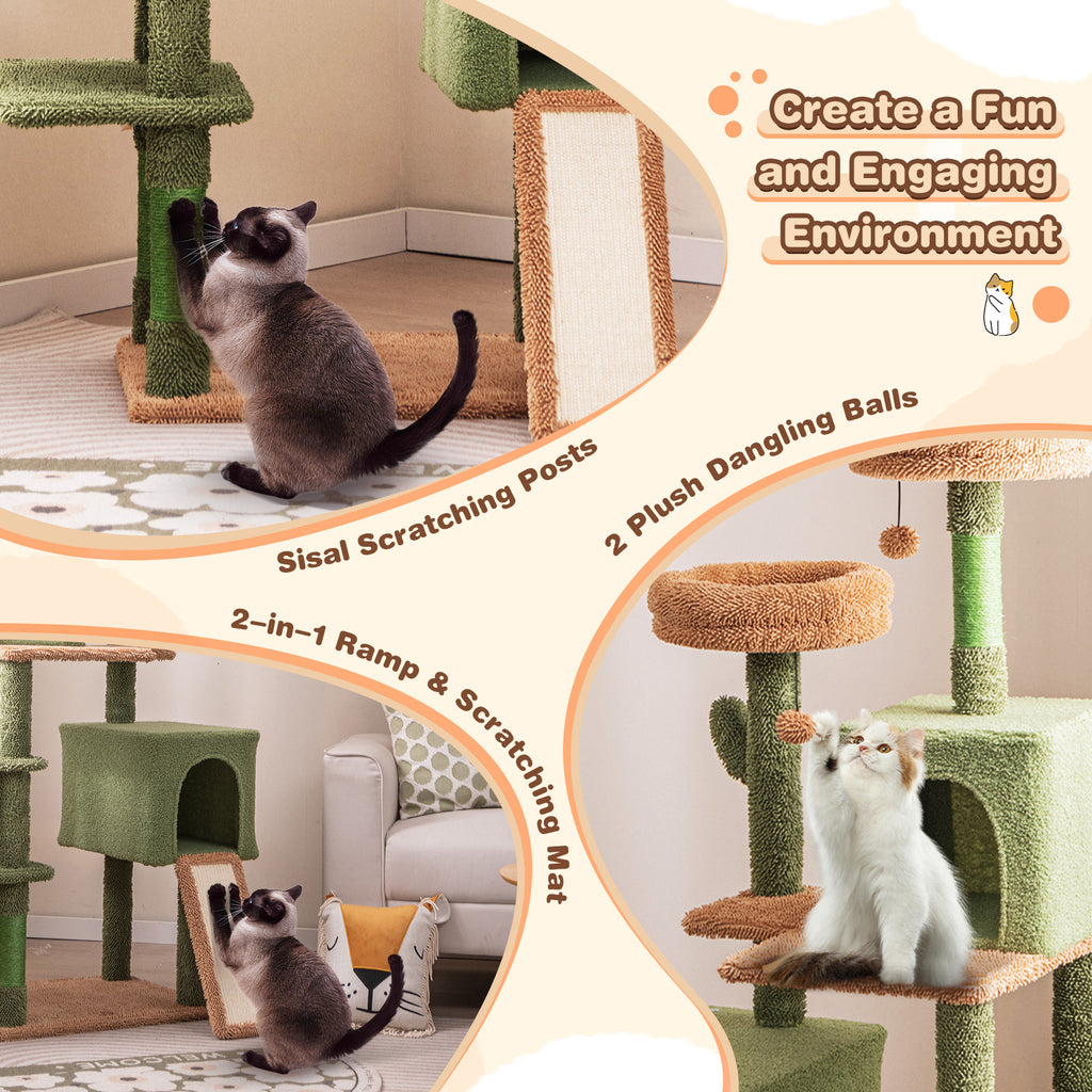 Multi-Level Cactus Cat Tree with Double Condos & Toys - Green