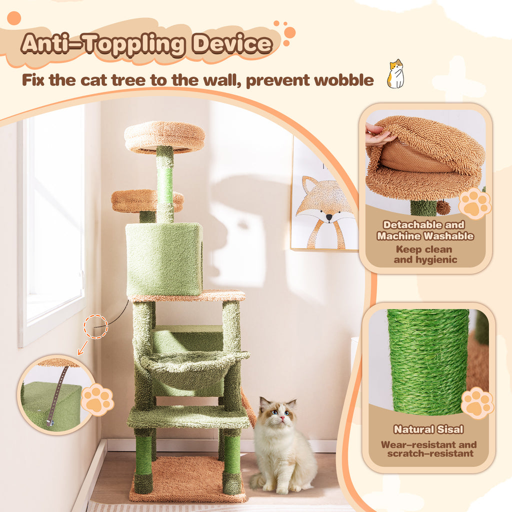 Multi-Level Cactus Cat Tree with Double Condos & Toys - Green