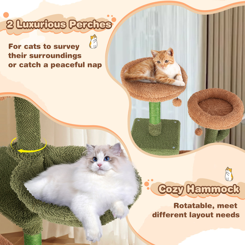 Multi-Level Cactus Cat Tree with Double Condos & Toys - Green