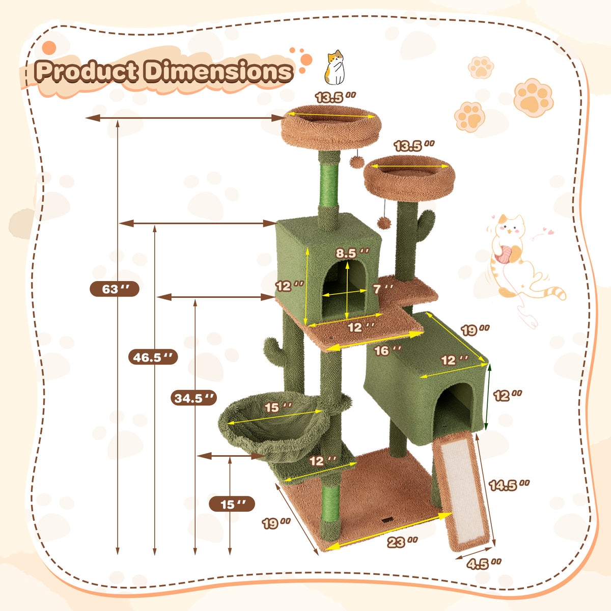 Multi-Level Cactus Cat Tree with Double Condos & Toys - Green