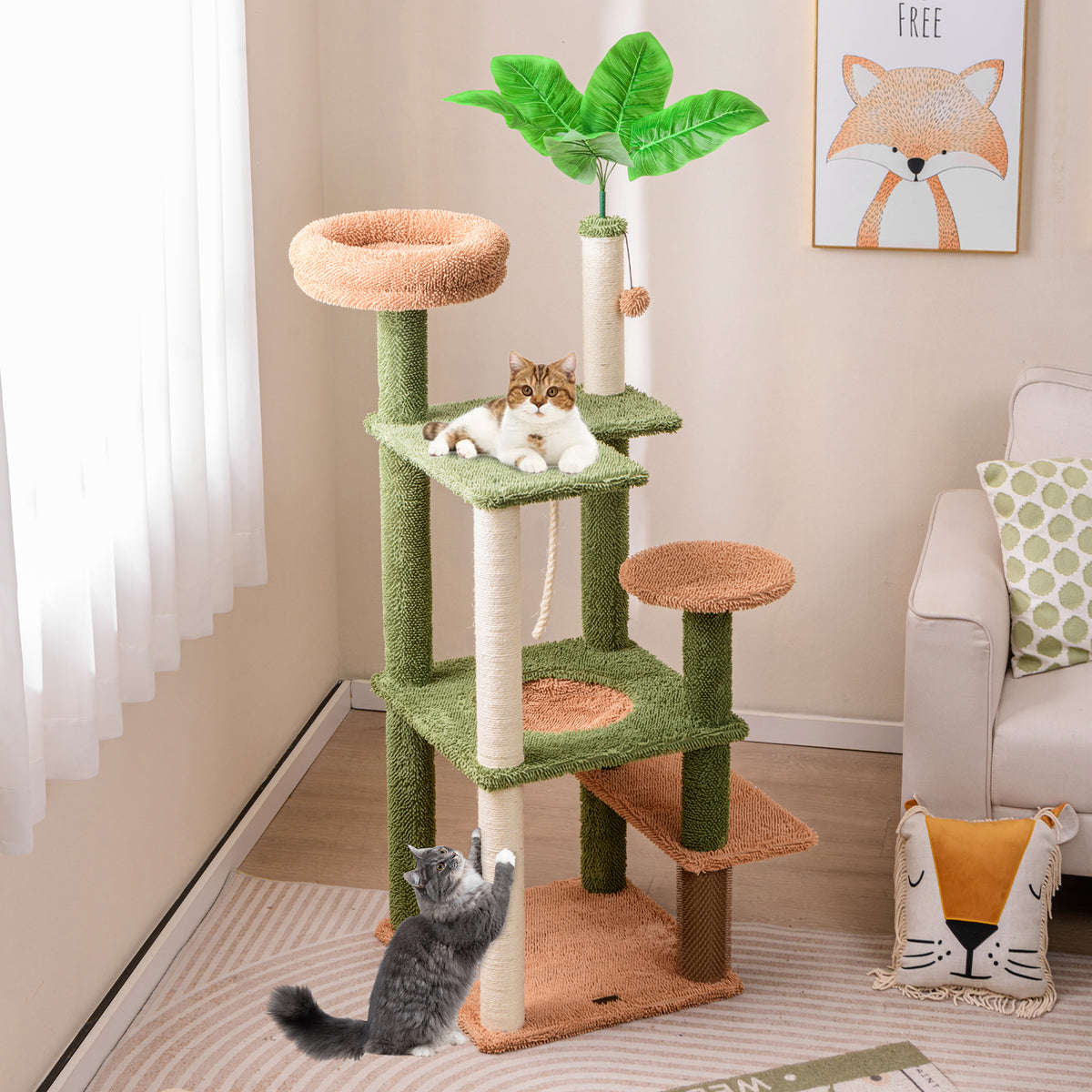Multilevel Cat Tree with Scratching Posts, Rope, Plush Perch & Green Plants - Costway Variation