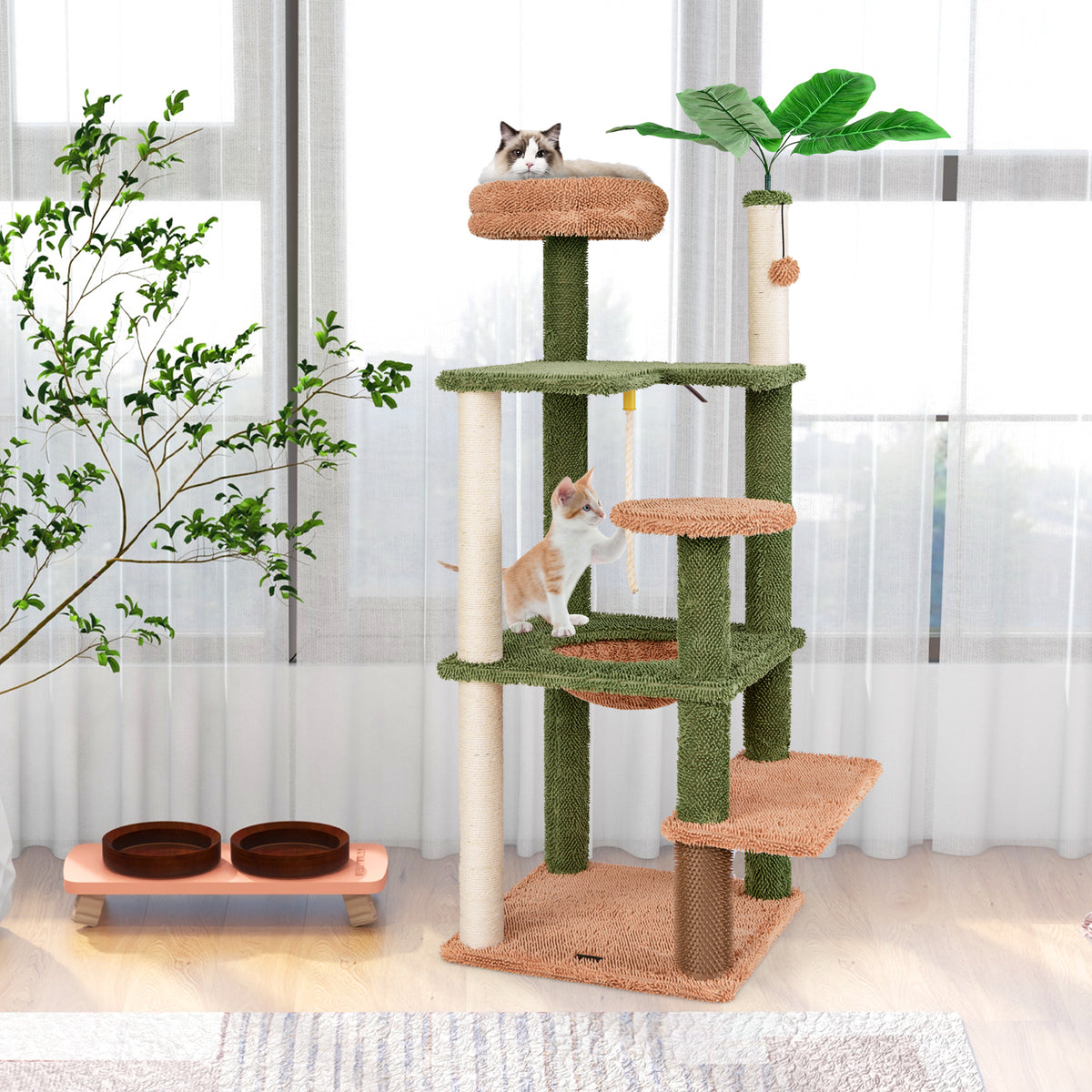 Multilevel Cat Tree with Scratching Posts, Rope, Plush Perch & Green Plants - Costway Variation