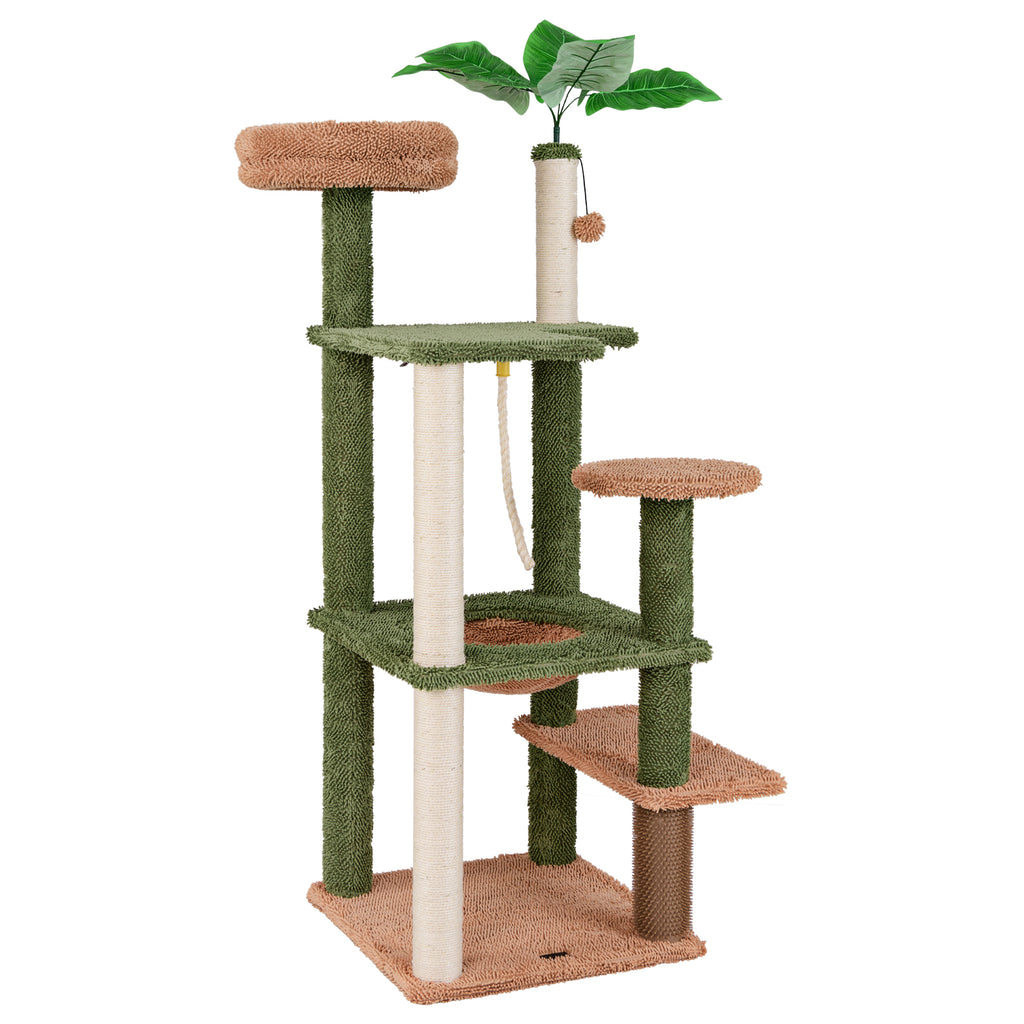 Multilevel Cat Tree with Scratching Posts, Rope, Plush Perch & Green Plants - Costway Variation