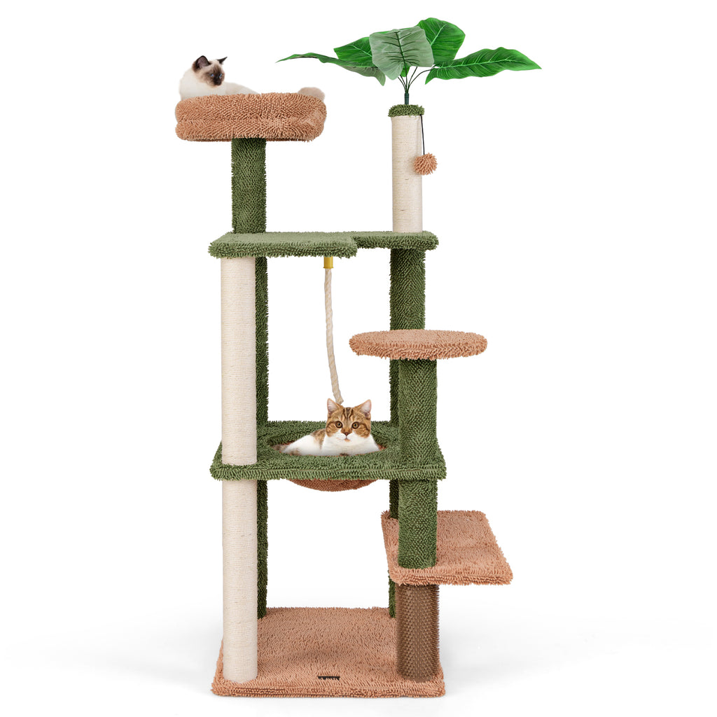Multilevel Cat Tree with Scratching Posts, Rope, Plush Perch & Green Plants - Costway Variation