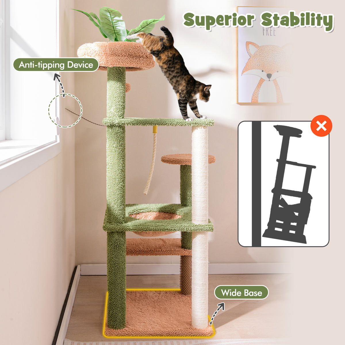 Multilevel Cat Tree with Scratching Posts, Rope, Plush Perch & Green Plants - Costway Variation