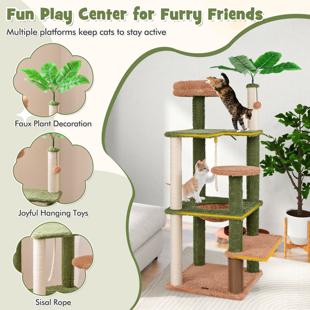 Multilevel Cat Tree with Scratching Posts, Rope, Plush Perch & Green Plants - Costway Variation