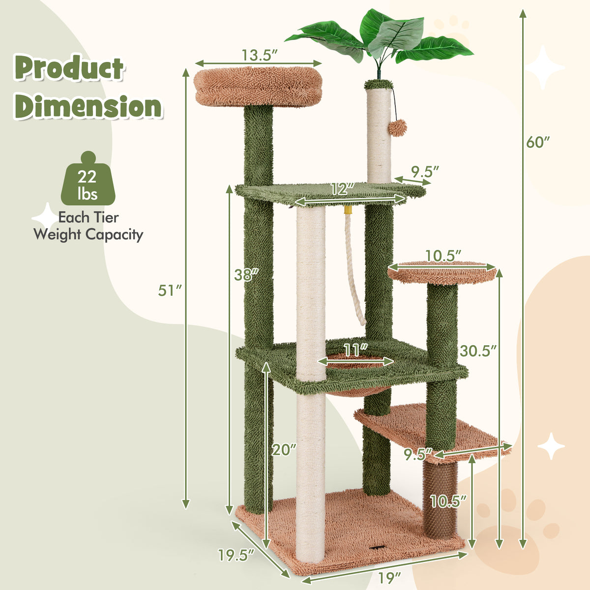 Multilevel Cat Tree with Scratching Posts, Rope, Plush Perch & Green Plants - Costway Variation