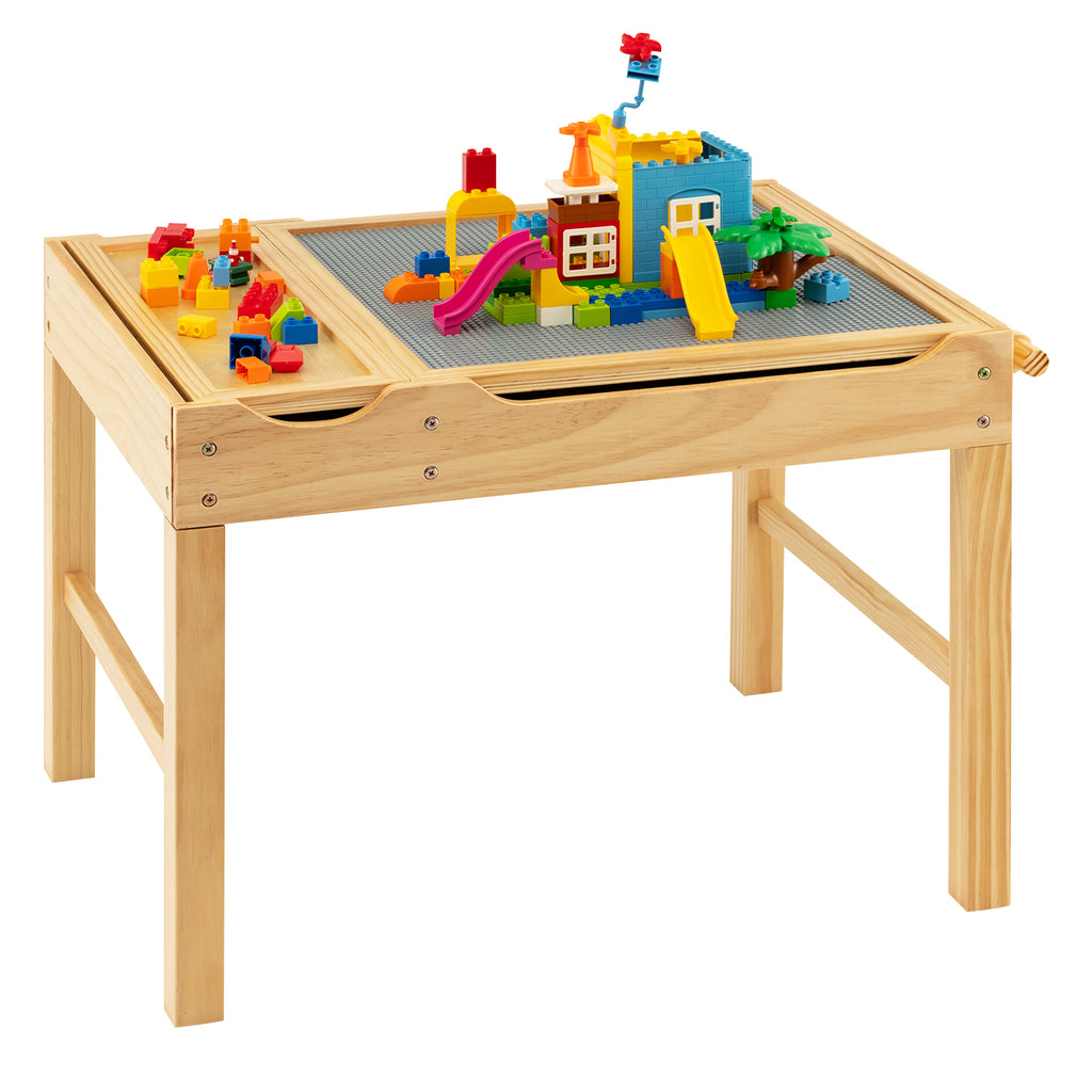 Kids Multi Activity Play Table with Storage & Paper Roll - Wooden Building Block Desk, Natural, Variation of Building Blocks + Drawing