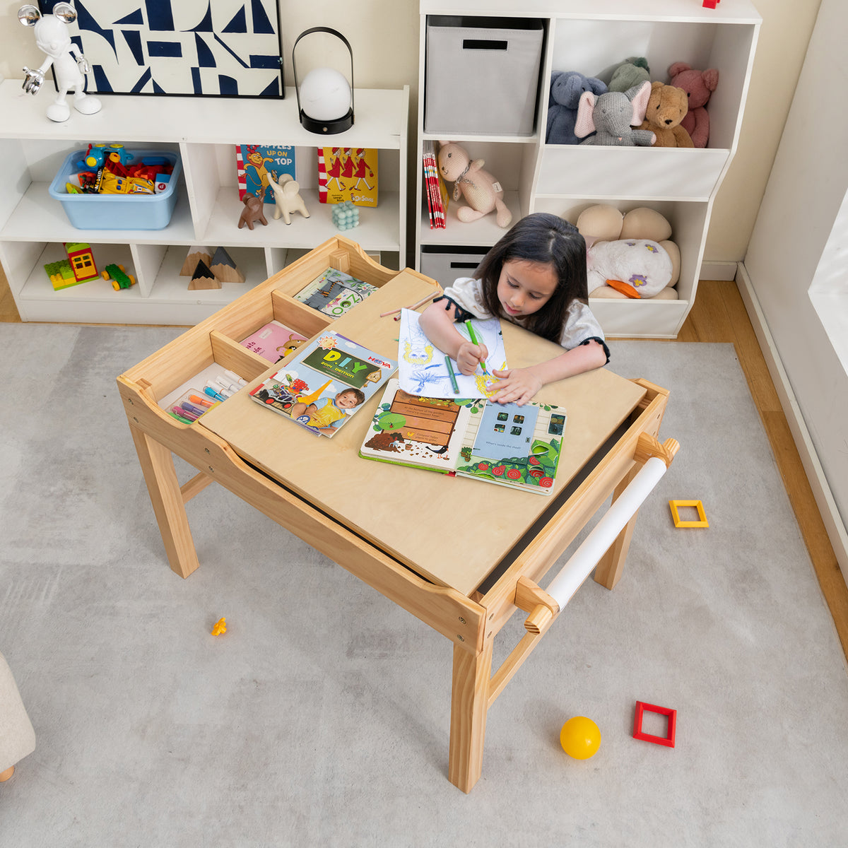Kids Multi Activity Play Table with Storage & Paper Roll - Wooden Building Block Desk, Natural, Variation of Building Blocks + Drawing