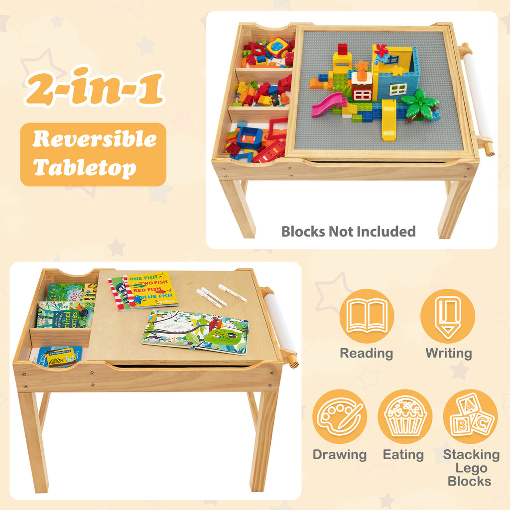Kids Multi Activity Play Table with Storage & Paper Roll - Wooden Building Block Desk, Natural, Variation of Building Blocks + Drawing