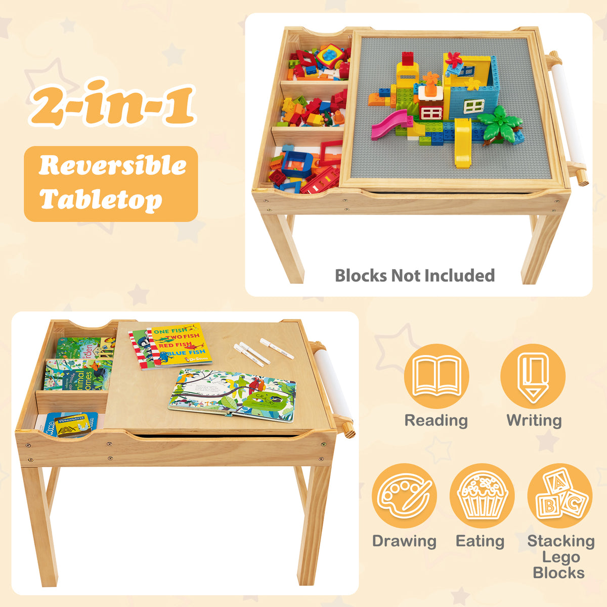 Kids Multi Activity Play Table with Storage & Paper Roll - Wooden Building Block Desk, Natural, Variation of Building Blocks + Drawing