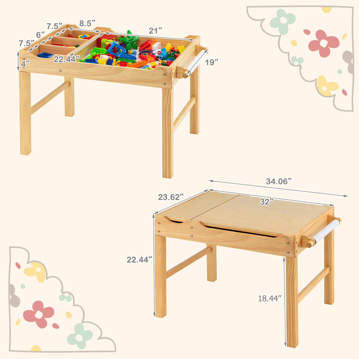 Kids Multi Activity Play Table with Storage & Paper Roll - Wooden Building Block Desk, Natural, Variation of Building Blocks + Drawing