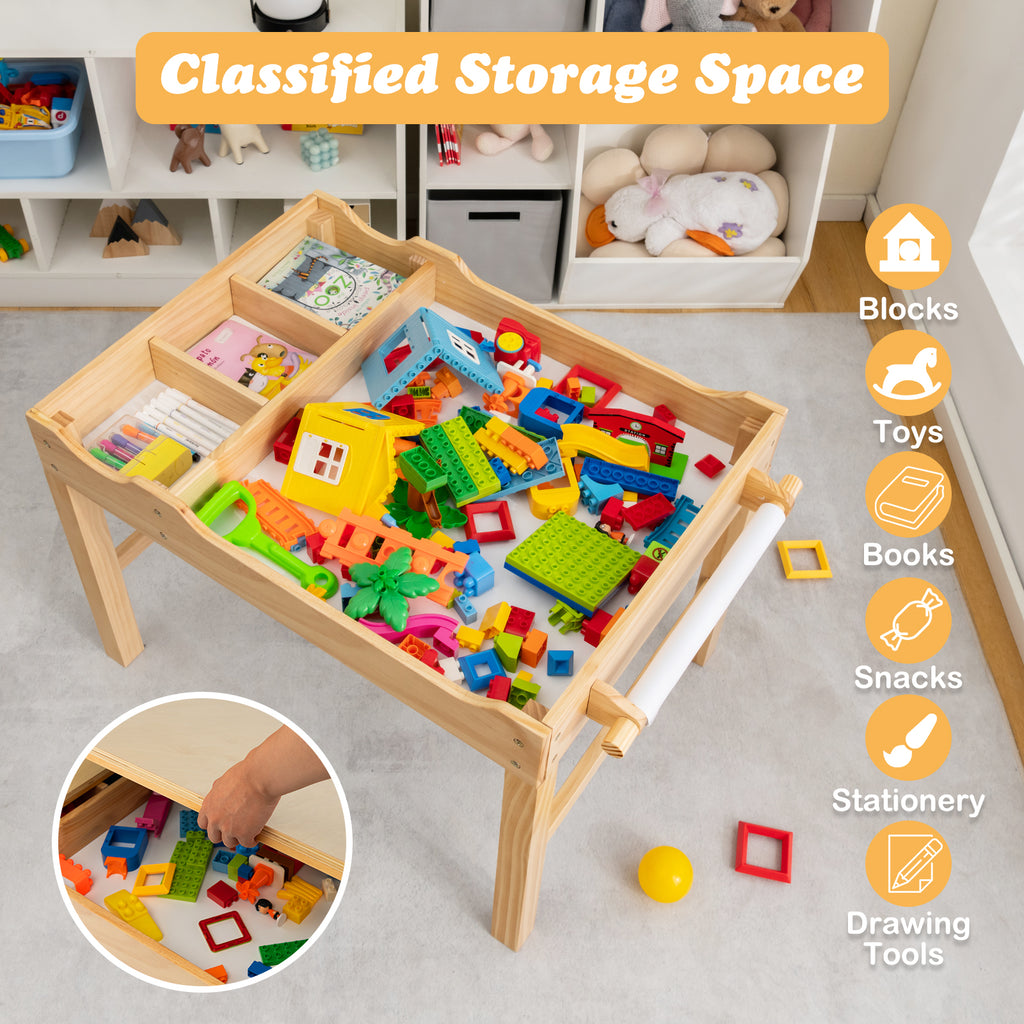 Kids Multi Activity Play Table with Storage & Paper Roll - Wooden Building Block Desk, Natural, Variation of Building Blocks + Drawing