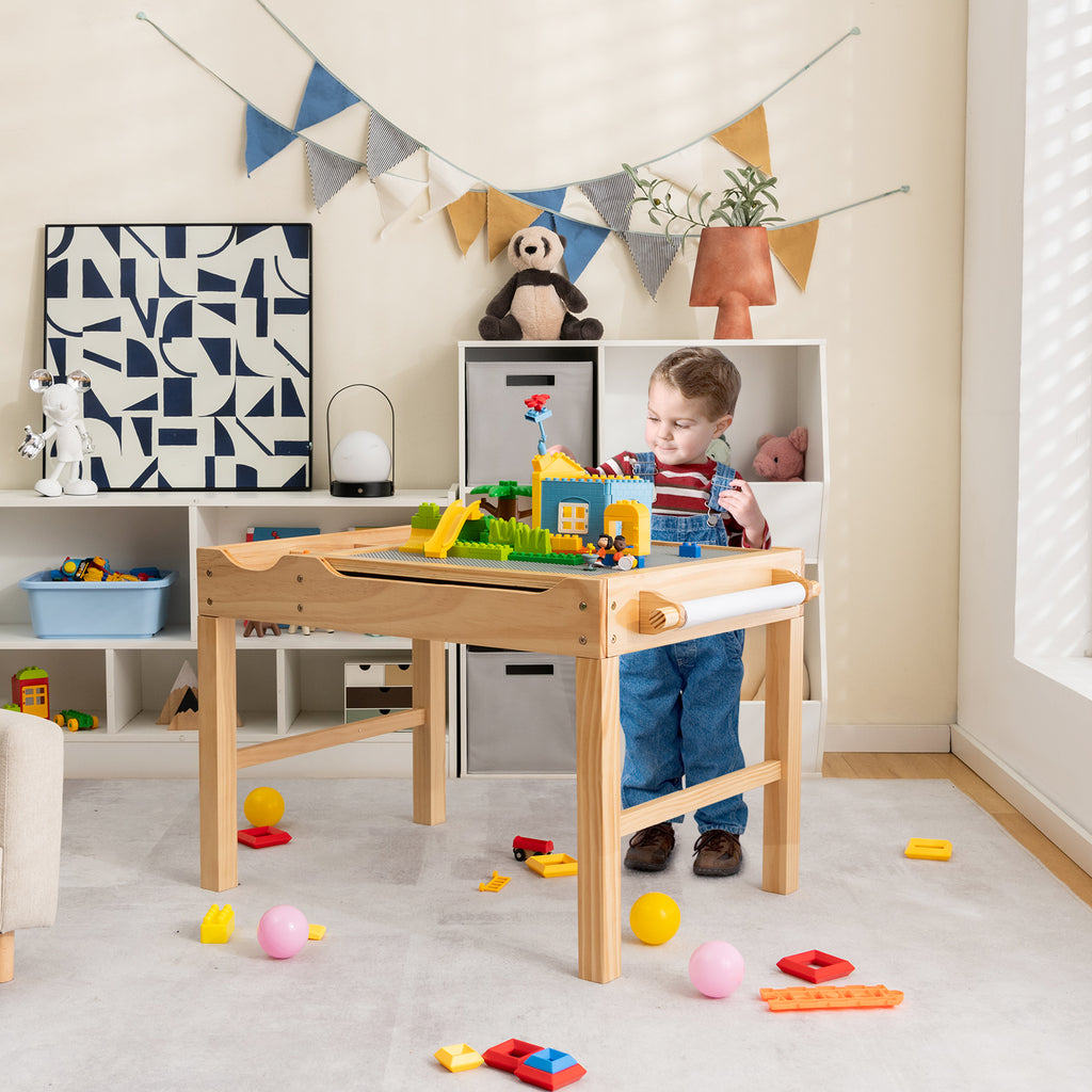Kids Multi Activity Play Table with Storage & Paper Roll - Wooden Building Block Desk, Natural, Variation of Building Blocks + Drawing