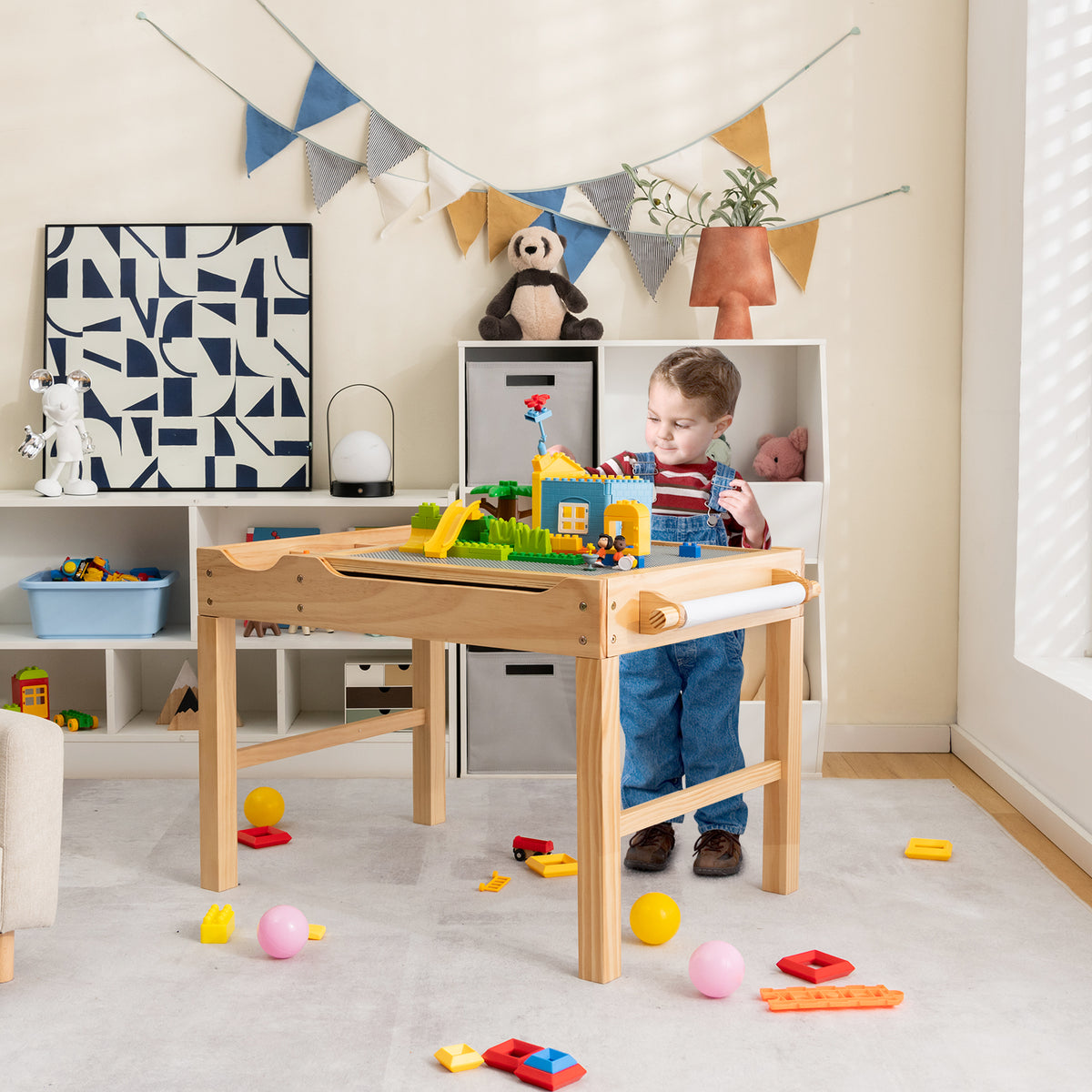 Kids Multi Activity Play Table with Storage & Paper Roll - Wooden Building Block Desk, Natural, Variation of Building Blocks + Drawing