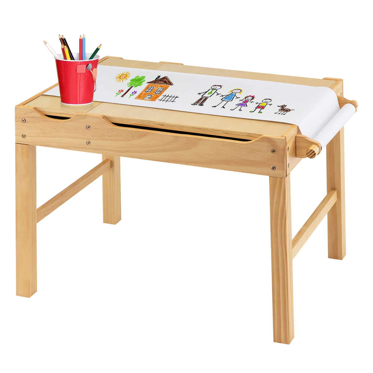Kids Multi Activity Play Table with Storage & Paper Roll - Wooden Building Block Desk, Natural, Variation of Building Blocks + Drawing