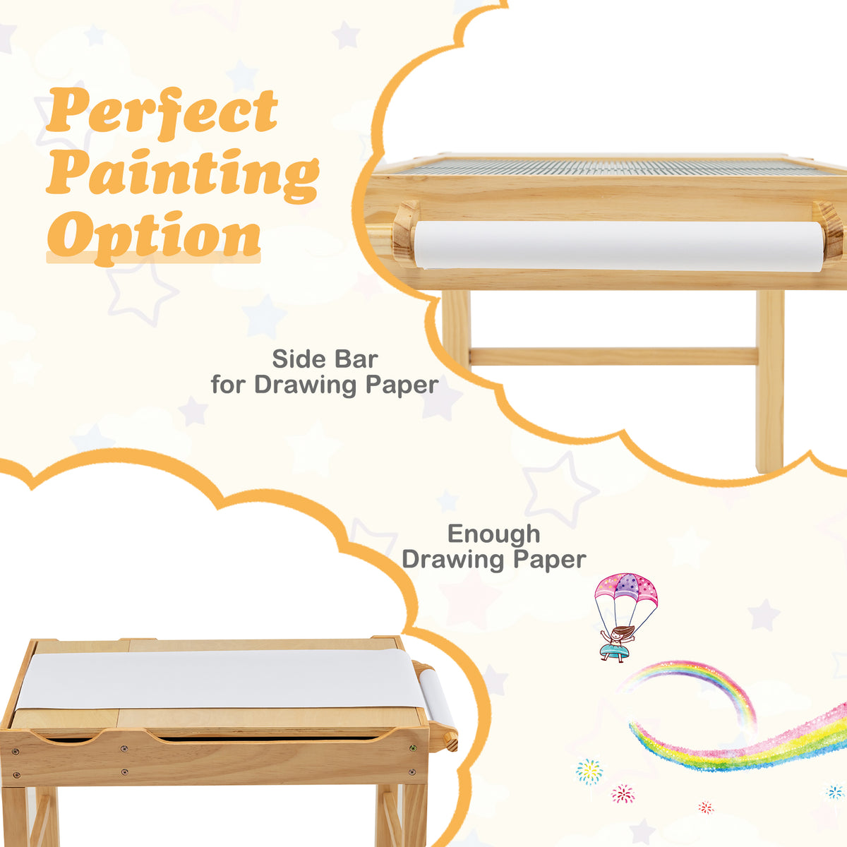 Kids Multi Activity Play Table with Storage & Paper Roll - Wooden Building Block Desk, Natural, Variation of Building Blocks + Drawing