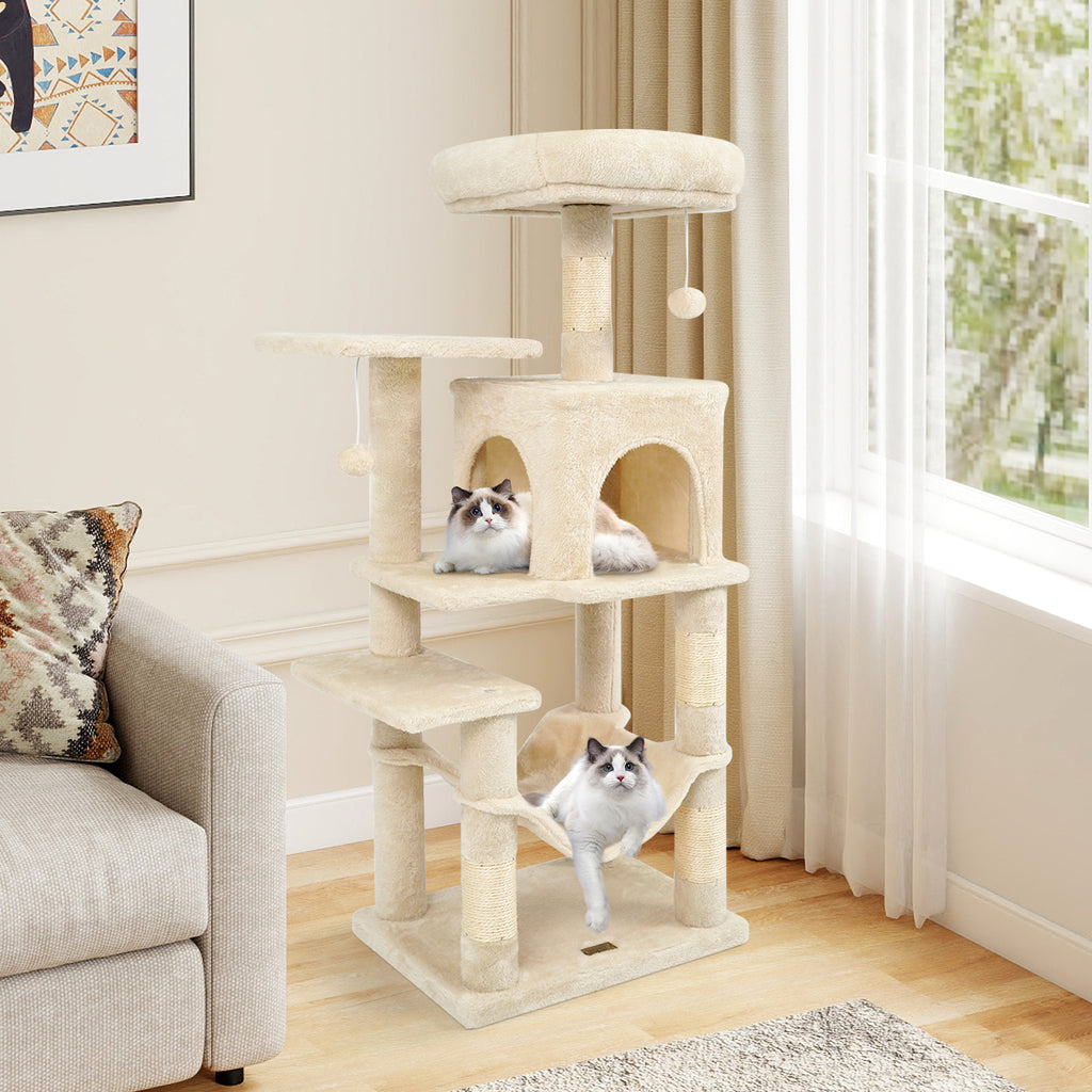 Beige Multi-Level Cat Tower with 2-Door Condo & Padded Perch - Costway