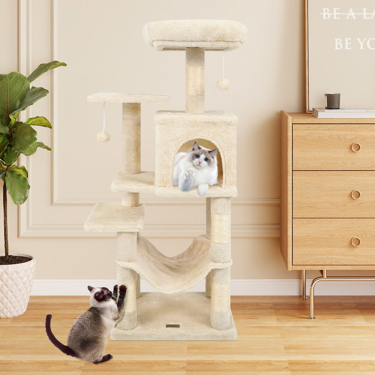 Beige Multi-Level Cat Tower with 2-Door Condo & Padded Perch - Costway