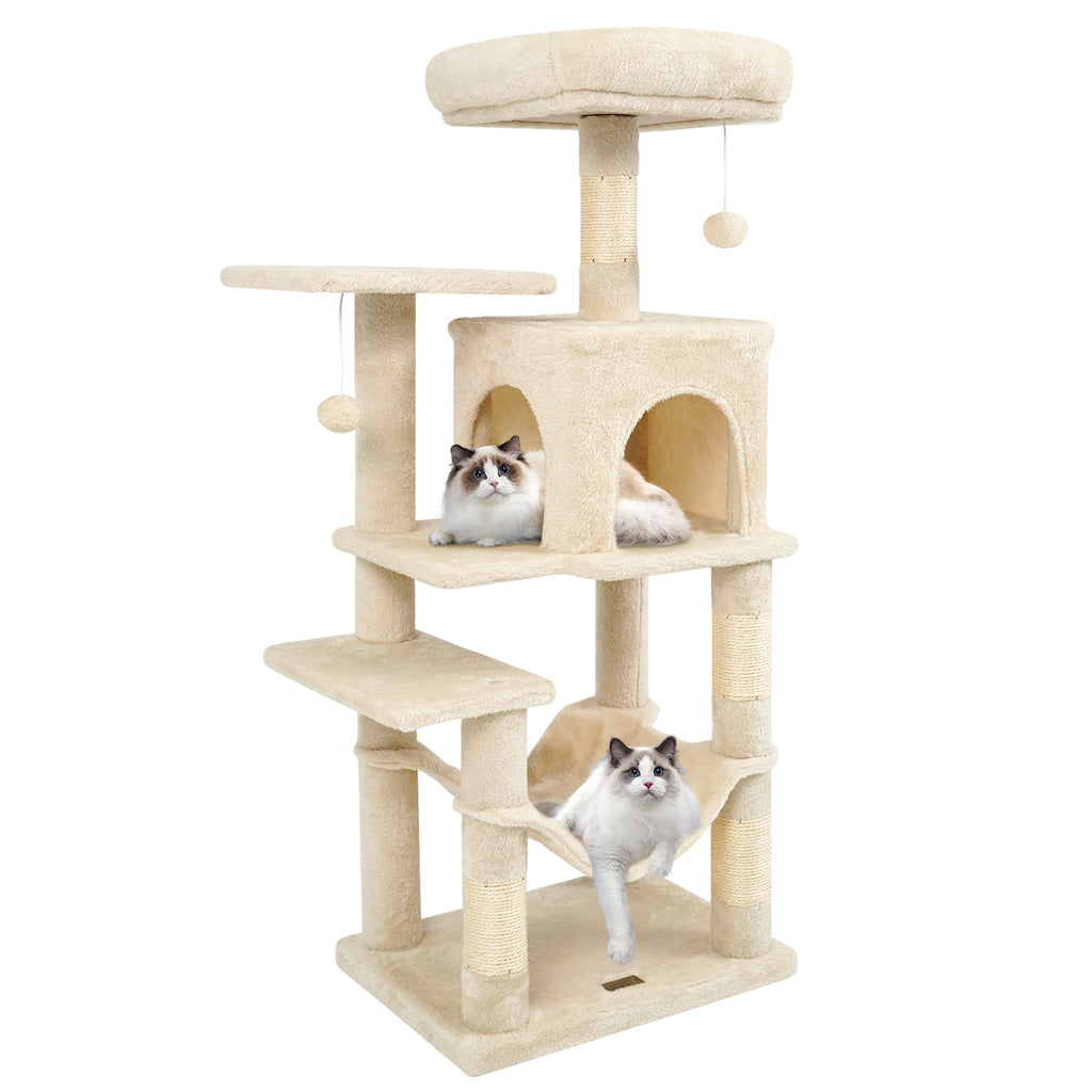 Beige Multi-Level Cat Tower with 2-Door Condo & Padded Perch - Costway