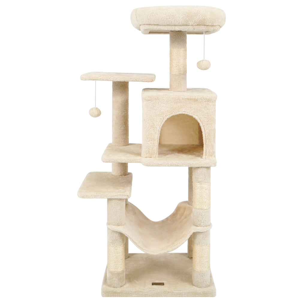 Beige Multi-Level Cat Tower with 2-Door Condo & Padded Perch - Costway