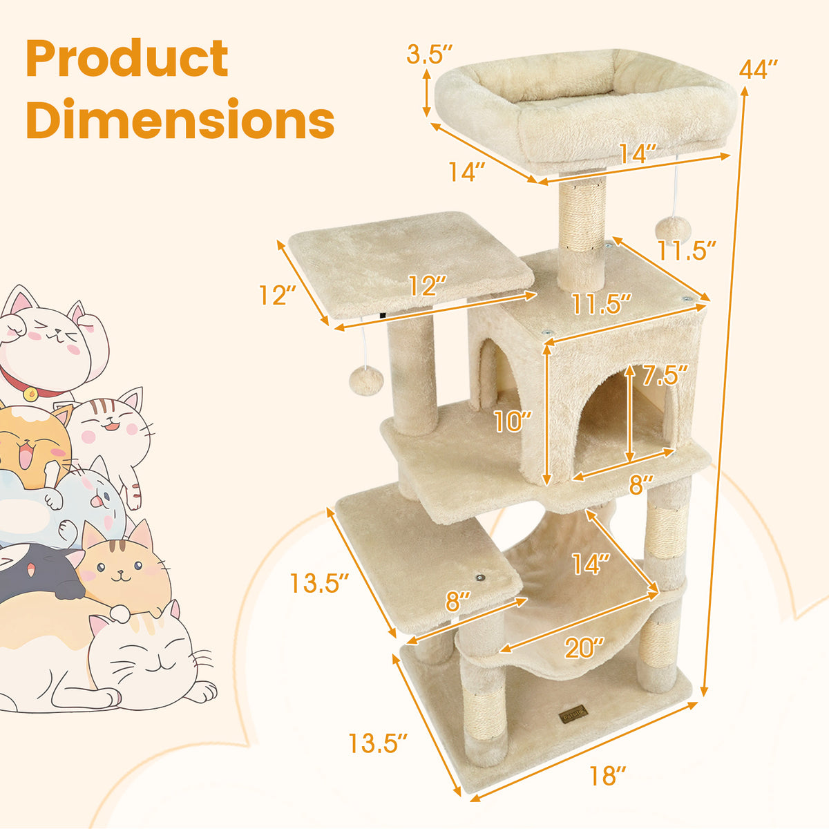 Beige Multi-Level Cat Tower with 2-Door Condo & Padded Perch - Costway