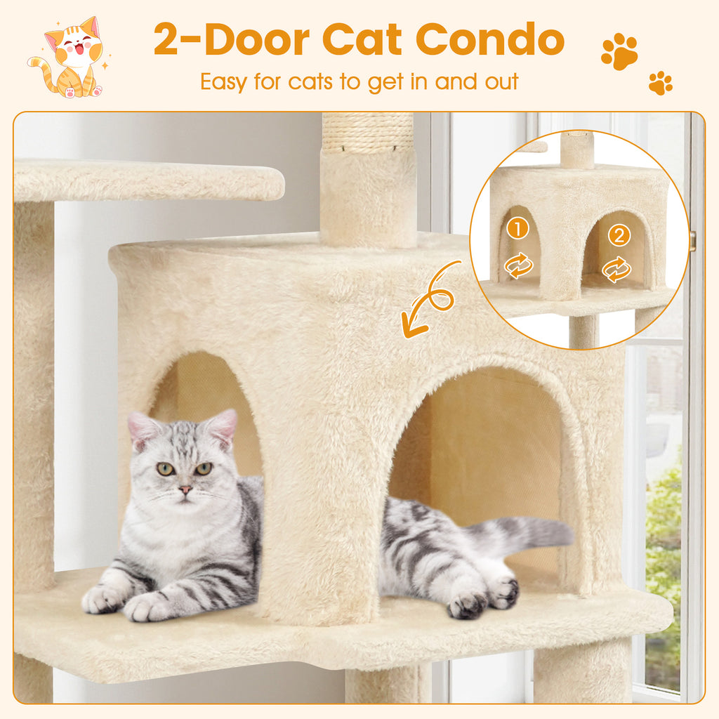 Beige Multi-Level Cat Tower with 2-Door Condo & Padded Perch - Costway