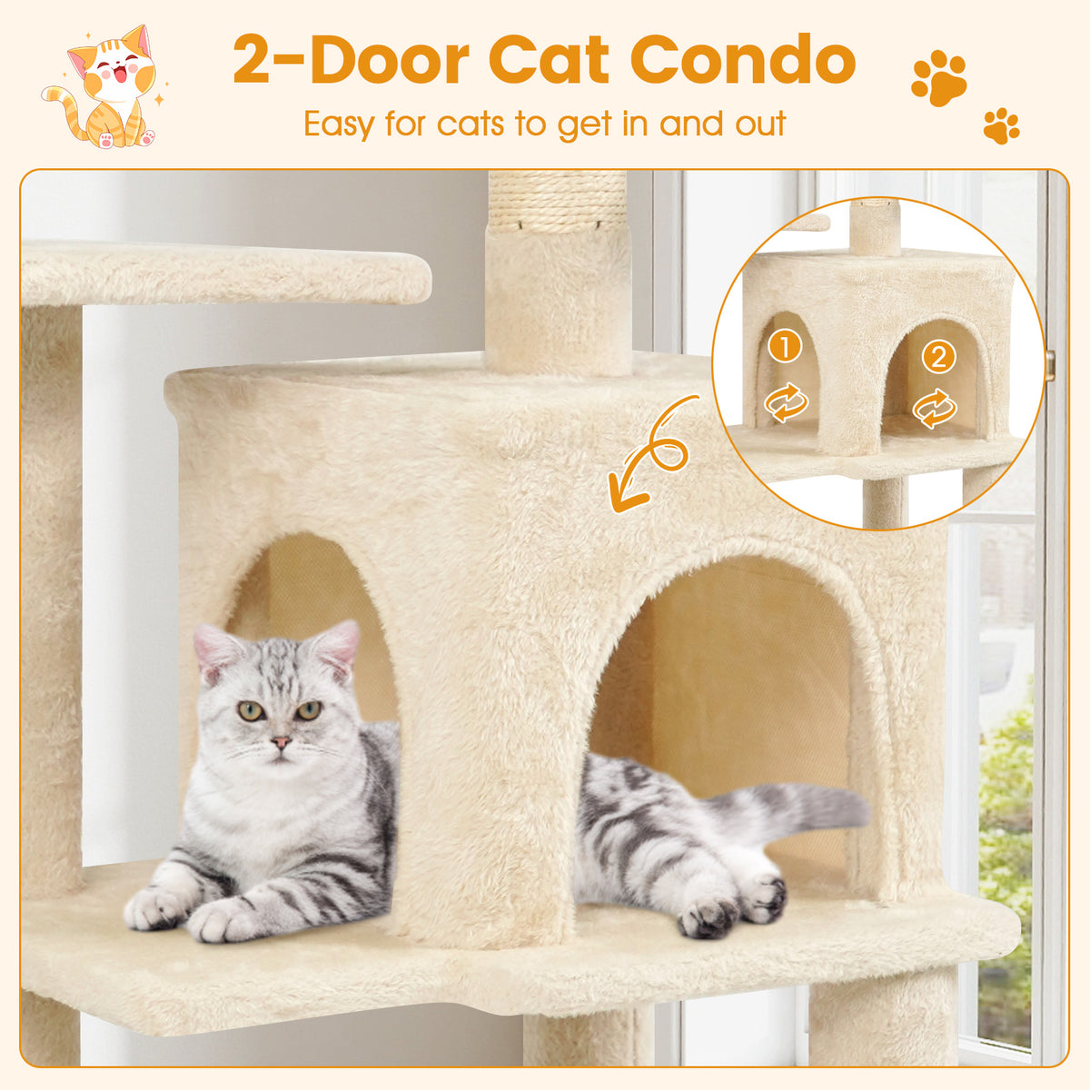 Beige Multi-Level Cat Tower with 2-Door Condo & Padded Perch - Costway