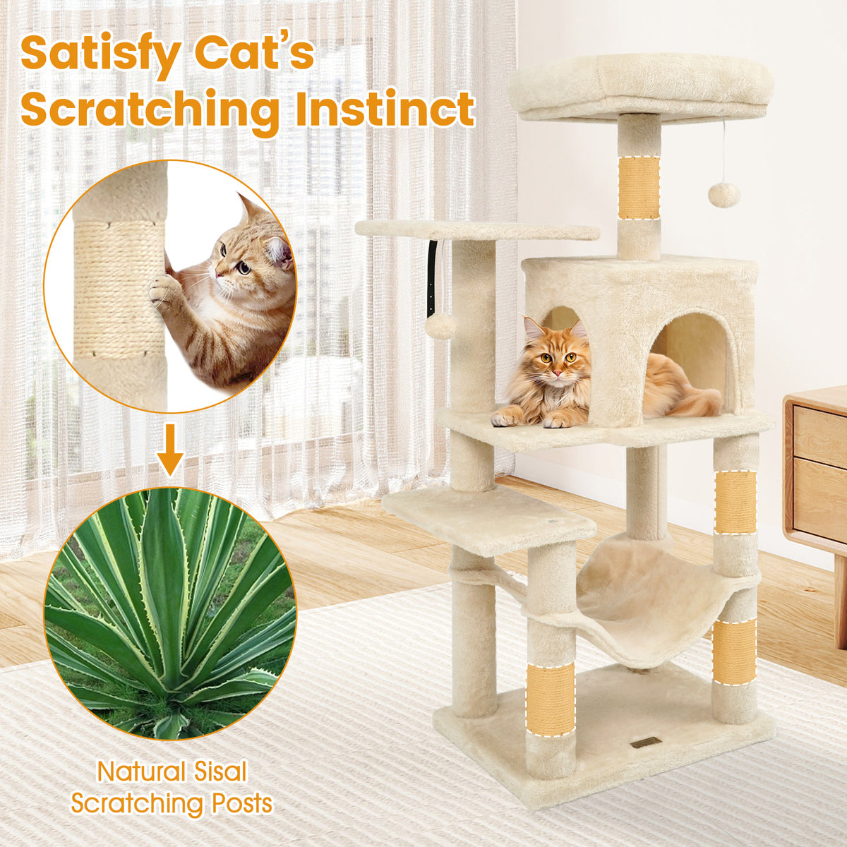 Beige Multi-Level Cat Tower with 2-Door Condo & Padded Perch - Costway