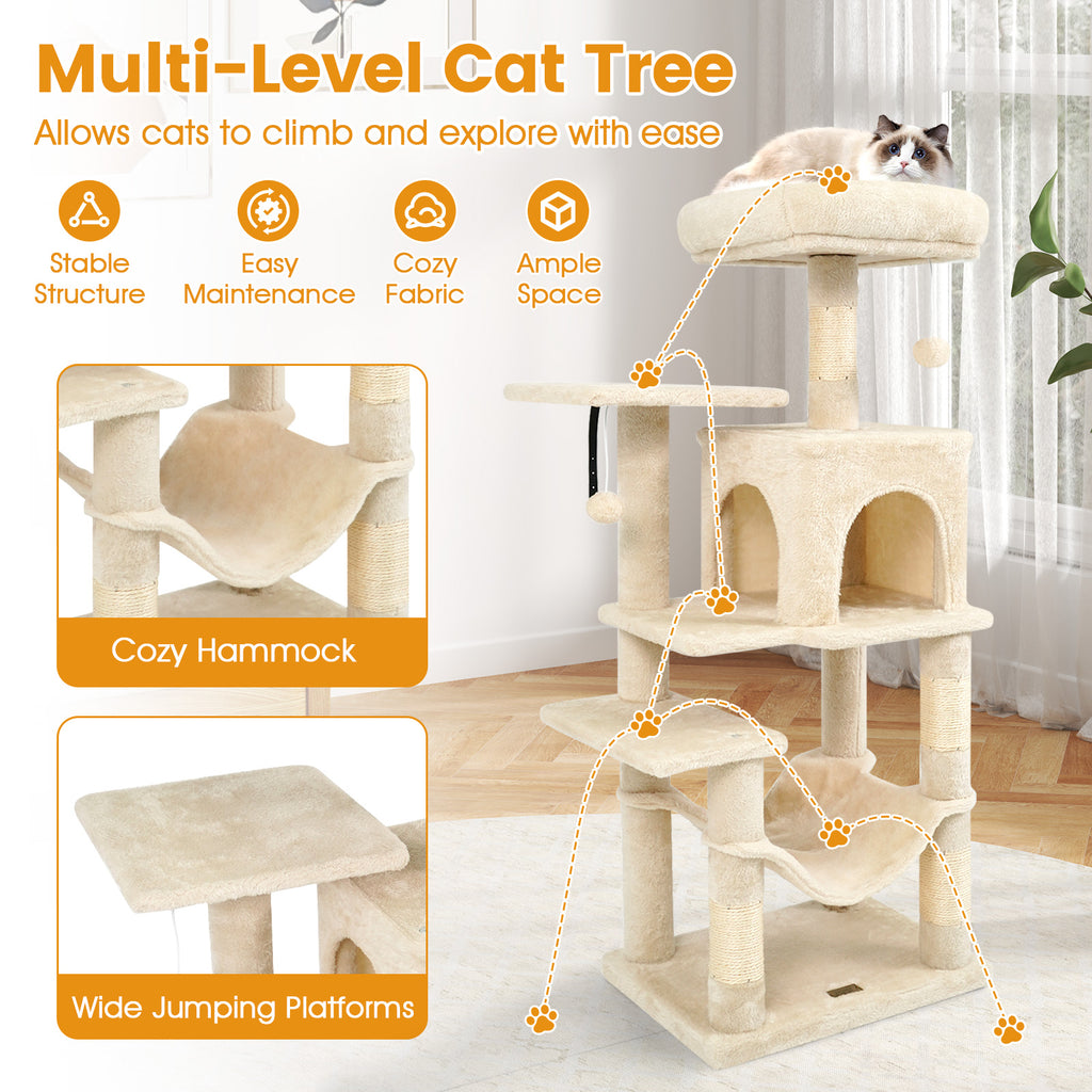 Beige Multi-Level Cat Tower with 2-Door Condo & Padded Perch - Costway