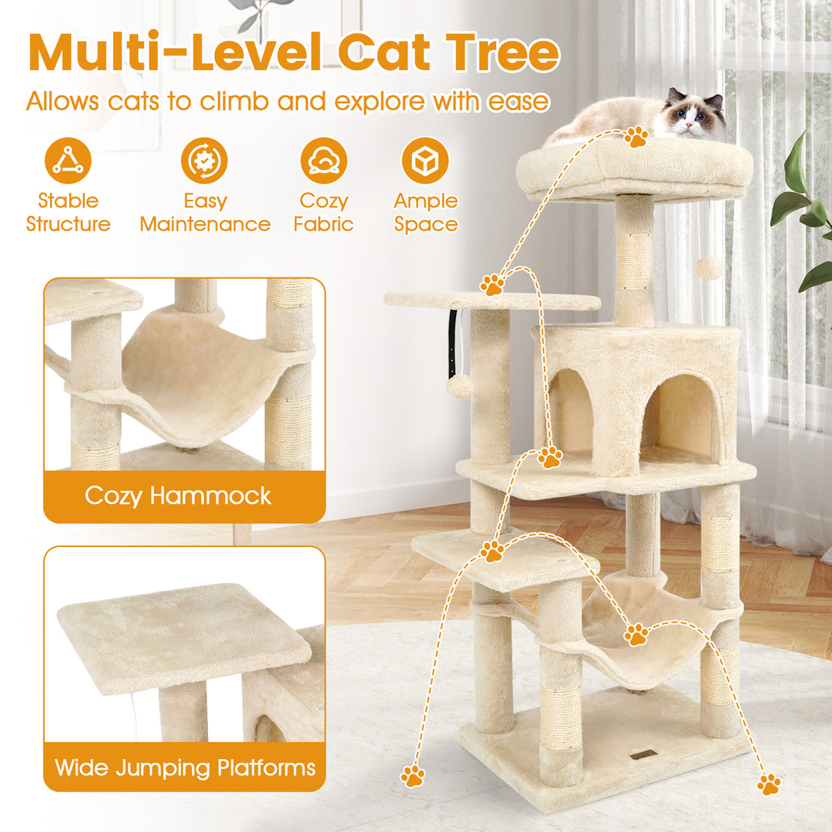 Beige Multi-Level Cat Tower with 2-Door Condo & Padded Perch - Costway