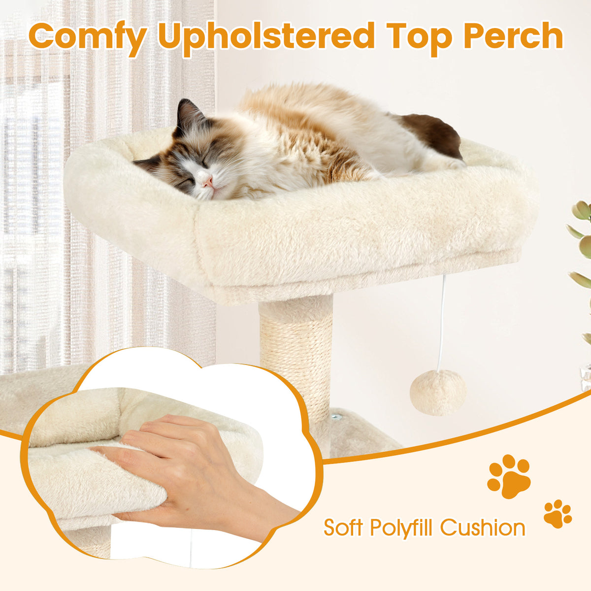 Beige Multi-Level Cat Tower with 2-Door Condo & Padded Perch - Costway