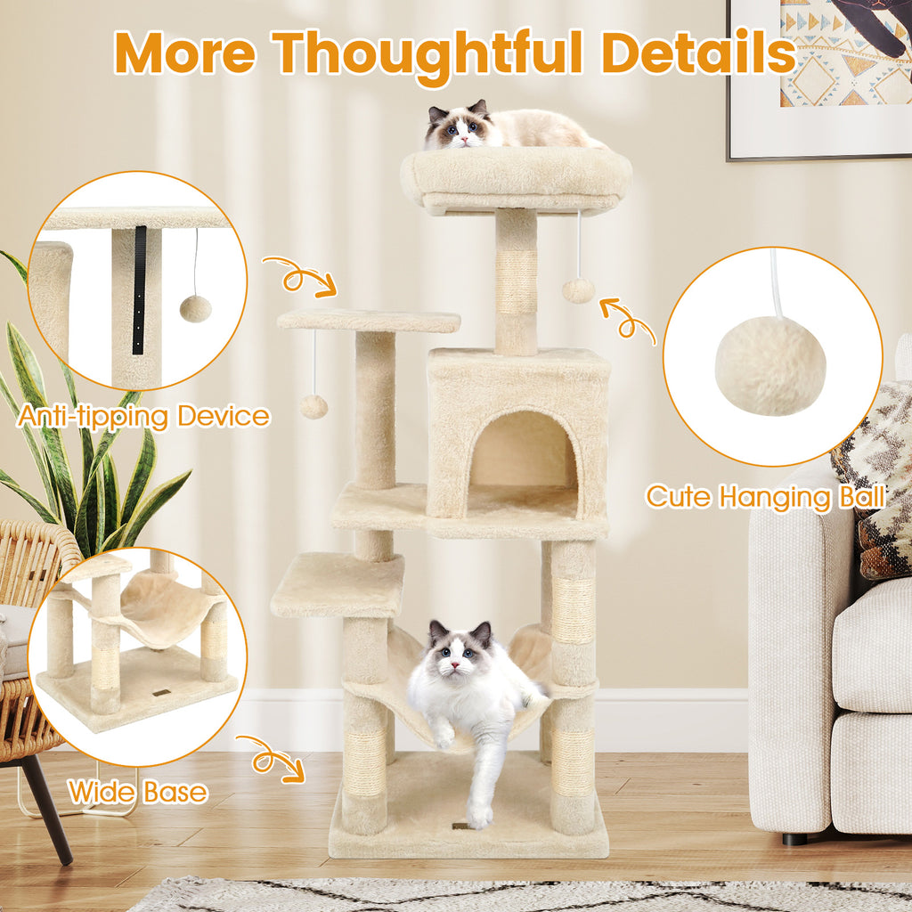 Beige Multi-Level Cat Tower with 2-Door Condo & Padded Perch - Costway