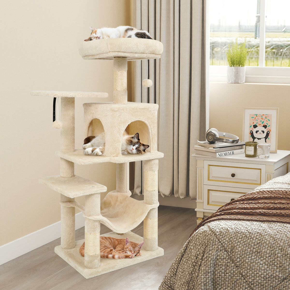 Beige Multi-Level Cat Tower with 2-Door Condo & Padded Perch - Costway