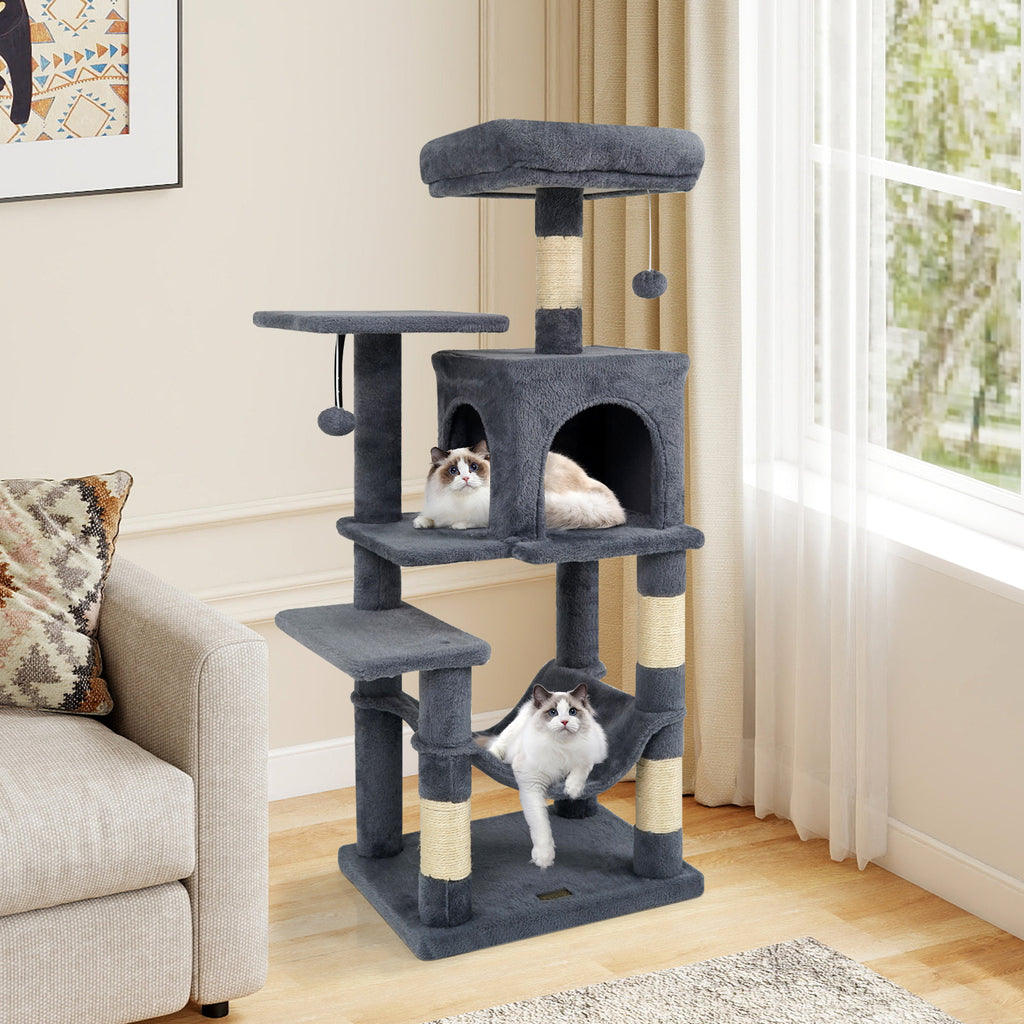 Gray Multi-Level Cat Tower with 2-Door Condo, Padded Perch & Sisal Scratching Posts - Space-Saving Design