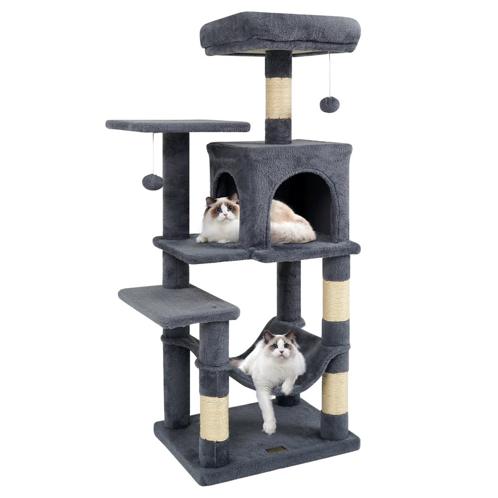 Gray Multi-Level Cat Tower with 2-Door Condo, Padded Perch & Sisal Scratching Posts - Space-Saving Design