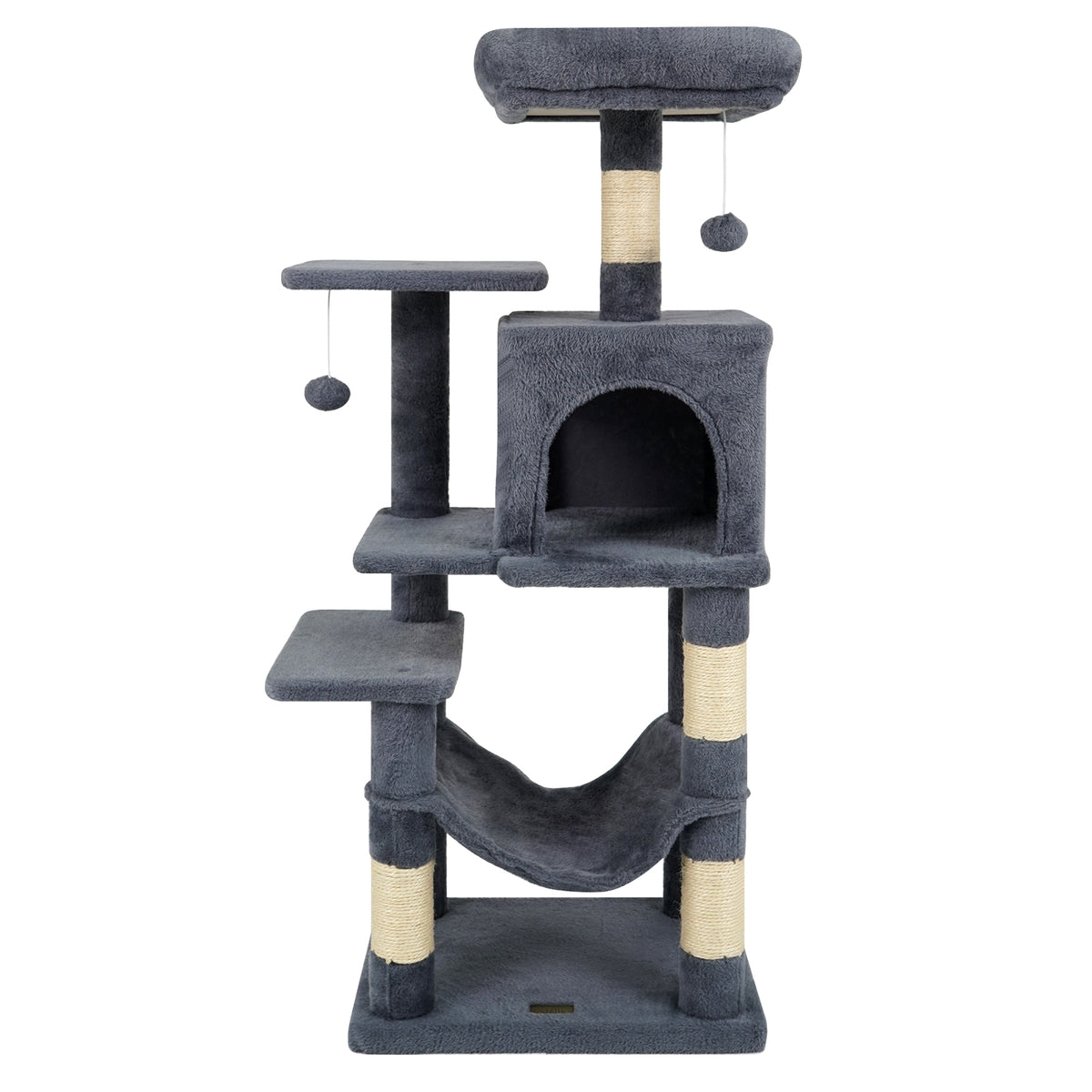 Gray Multi-Level Cat Tower with 2-Door Condo, Padded Perch & Sisal Scratching Posts - Space-Saving Design
