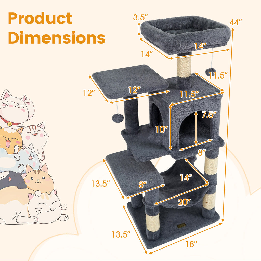 Gray Multi-Level Cat Tower with 2-Door Condo, Padded Perch & Sisal Scratching Posts - Space-Saving Design