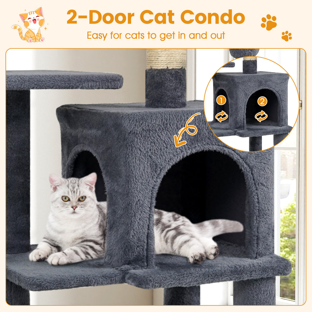 Gray Multi-Level Cat Tower with 2-Door Condo, Padded Perch & Sisal Scratching Posts - Space-Saving Design