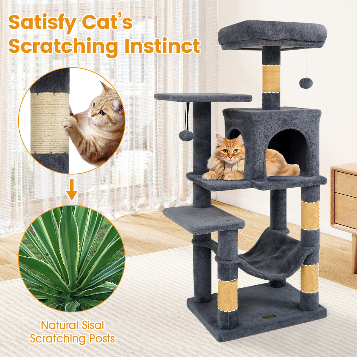 Gray Multi-Level Cat Tower with 2-Door Condo, Padded Perch & Sisal Scratching Posts - Space-Saving Design