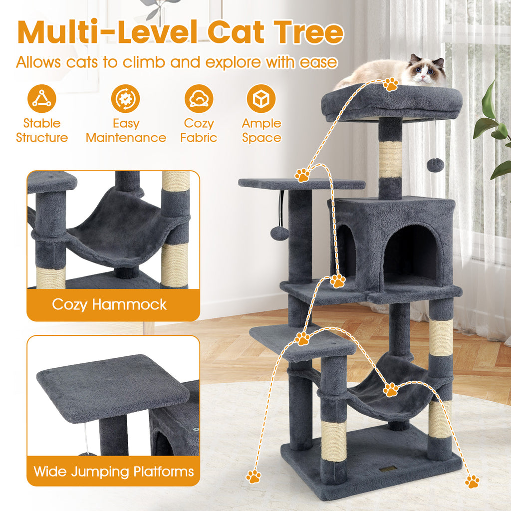 Gray Multi-Level Cat Tower with 2-Door Condo, Padded Perch & Sisal Scratching Posts - Space-Saving Design