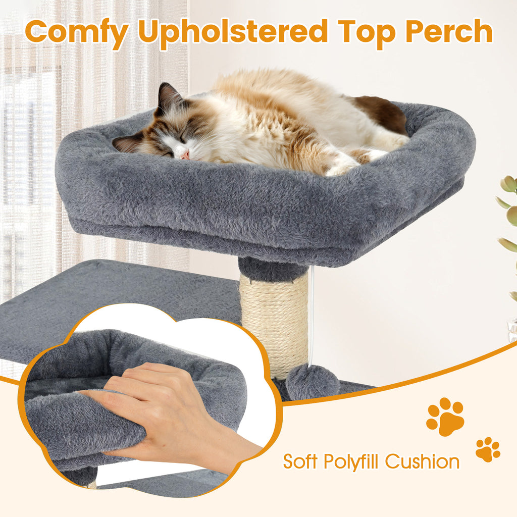 Gray Multi-Level Cat Tower with 2-Door Condo, Padded Perch & Sisal Scratching Posts - Space-Saving Design