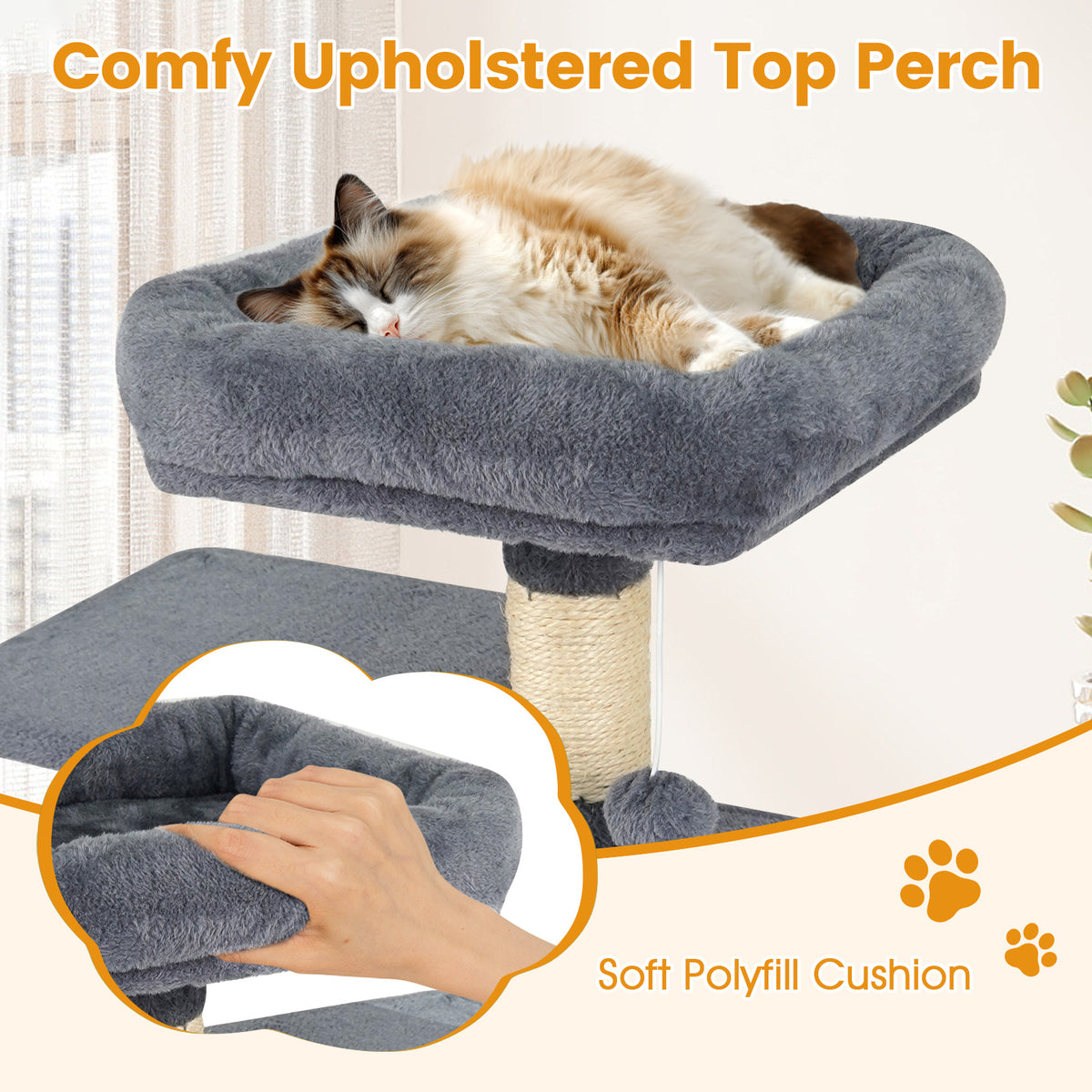 Gray Multi-Level Cat Tower with 2-Door Condo, Padded Perch & Sisal Scratching Posts - Space-Saving Design
