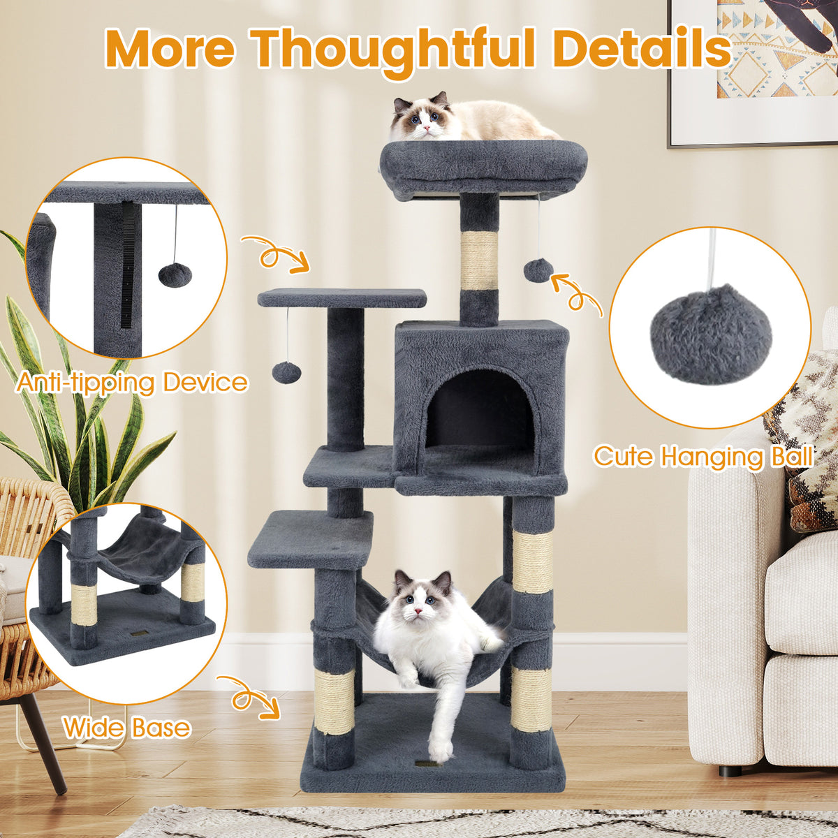 Gray Multi-Level Cat Tower with 2-Door Condo, Padded Perch & Sisal Scratching Posts - Space-Saving Design