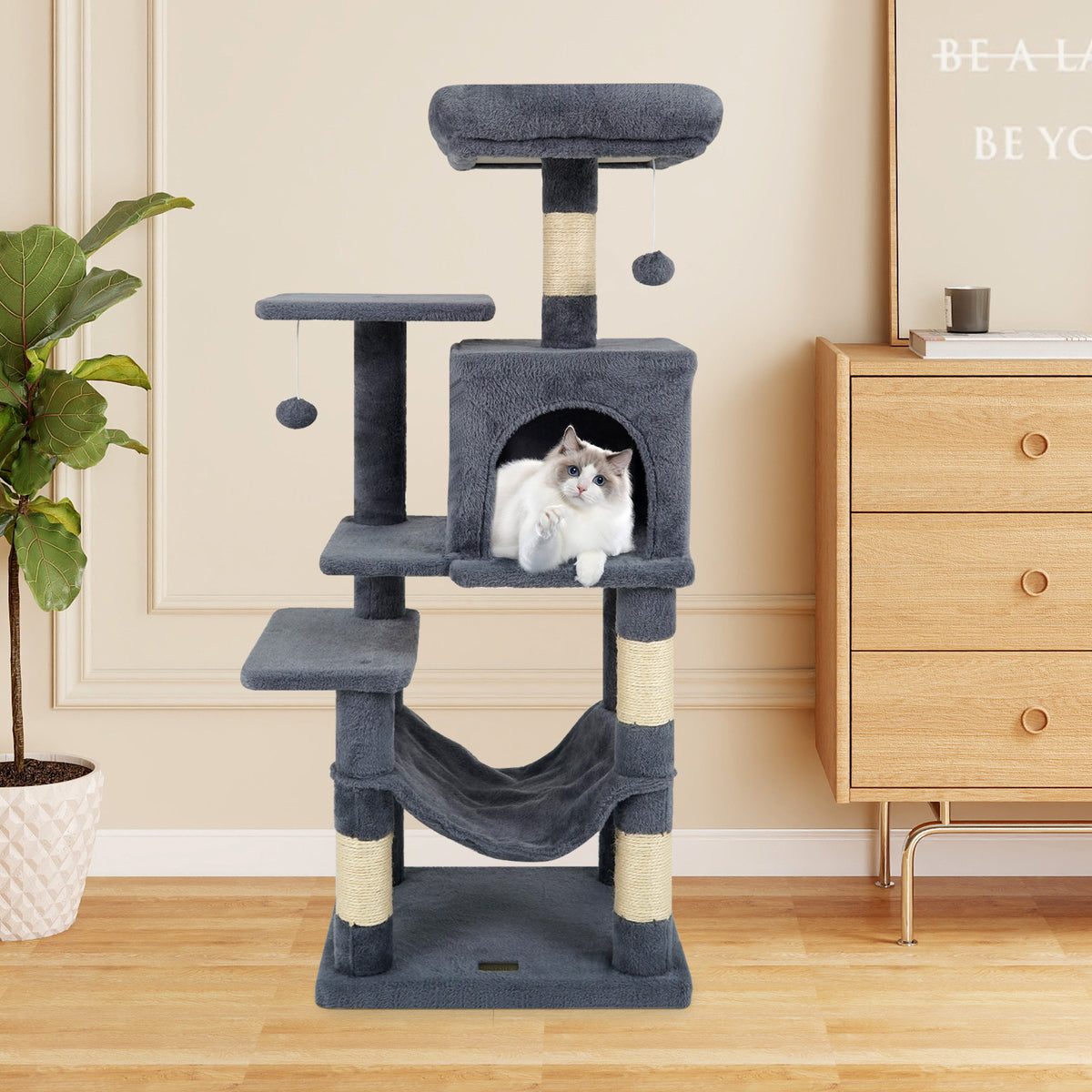 Gray Multi-Level Cat Tower with 2-Door Condo, Padded Perch & Sisal Scratching Posts - Space-Saving Design